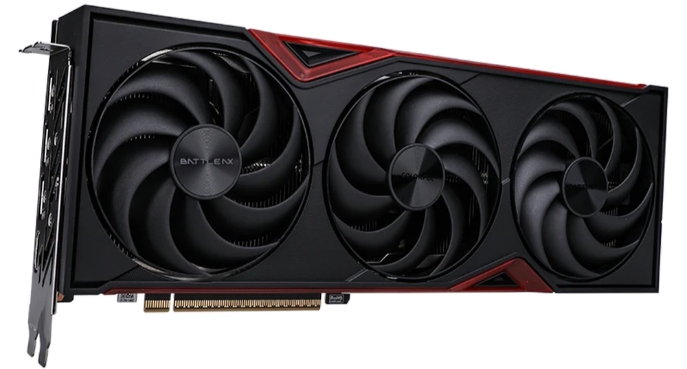 Colorful RTX 5070 NB EX 12GB-V вид сбоку кронштейн крепления красный дизайн три вентилятора