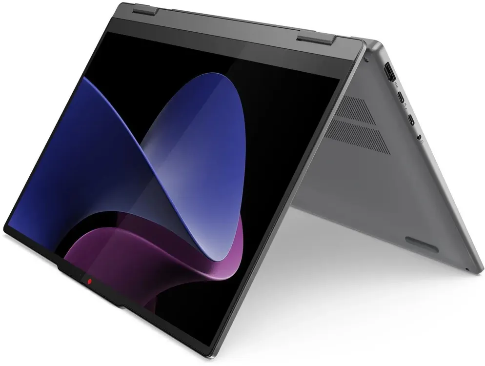 Lenovo IdeaPad 5 2-in-1 14IRH9 в режиме палатки, боковой профиль, порты на левой стороне корпуса