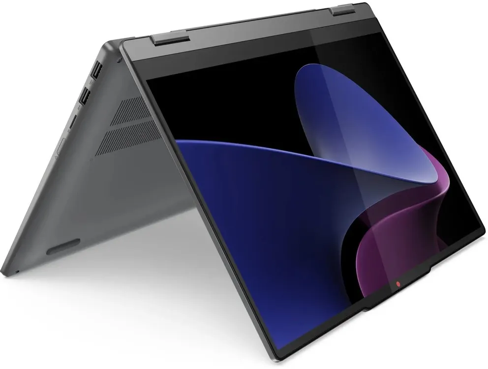 Lenovo IdeaPad 5 2-in-1 14IRH9 в режиме палатки под углом, видны динамики и вентиляционные отверстия