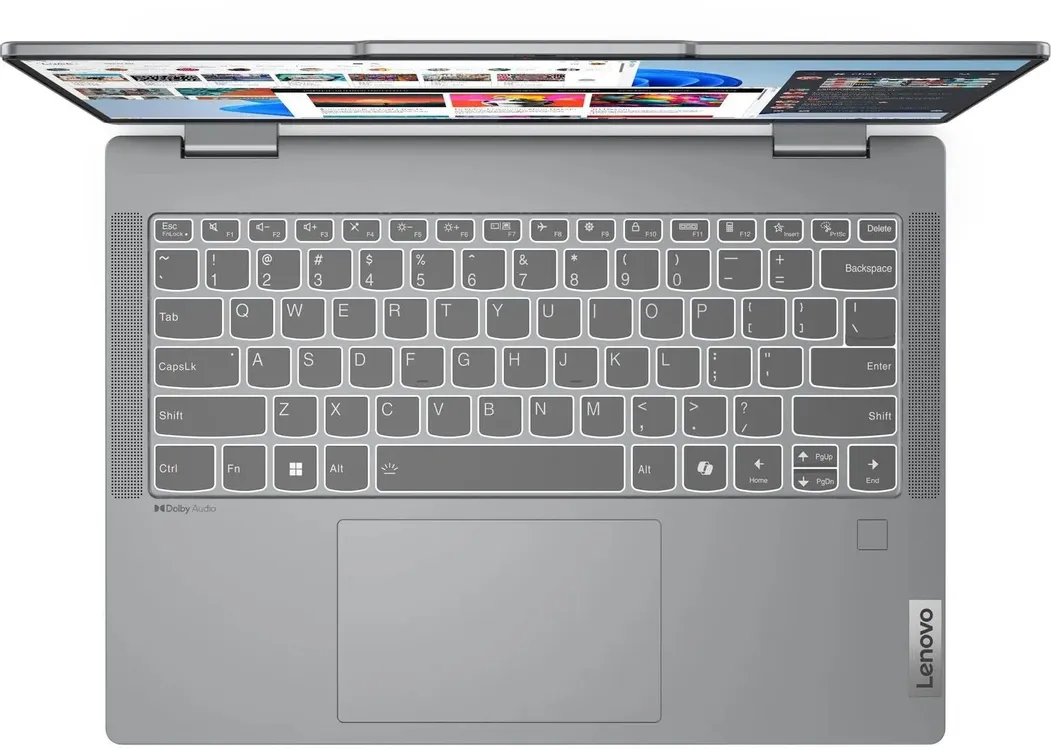 Lenovo IdeaPad 5 2-in-1 14IRH9 вид сверху — клавиатура с подсветкой, трекпад, динамики Dolby Audio по бокам