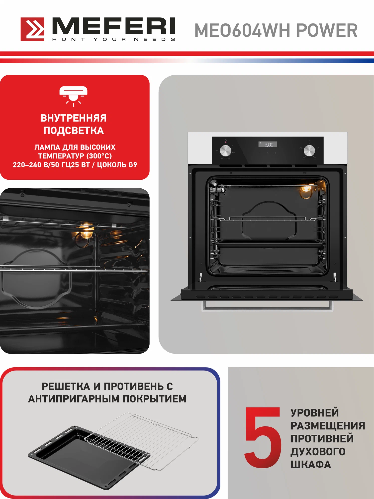 Meferi Power MEO604WH белый встраиваемый духовой шкаф с открытой дверцей и галогенной подсветкой