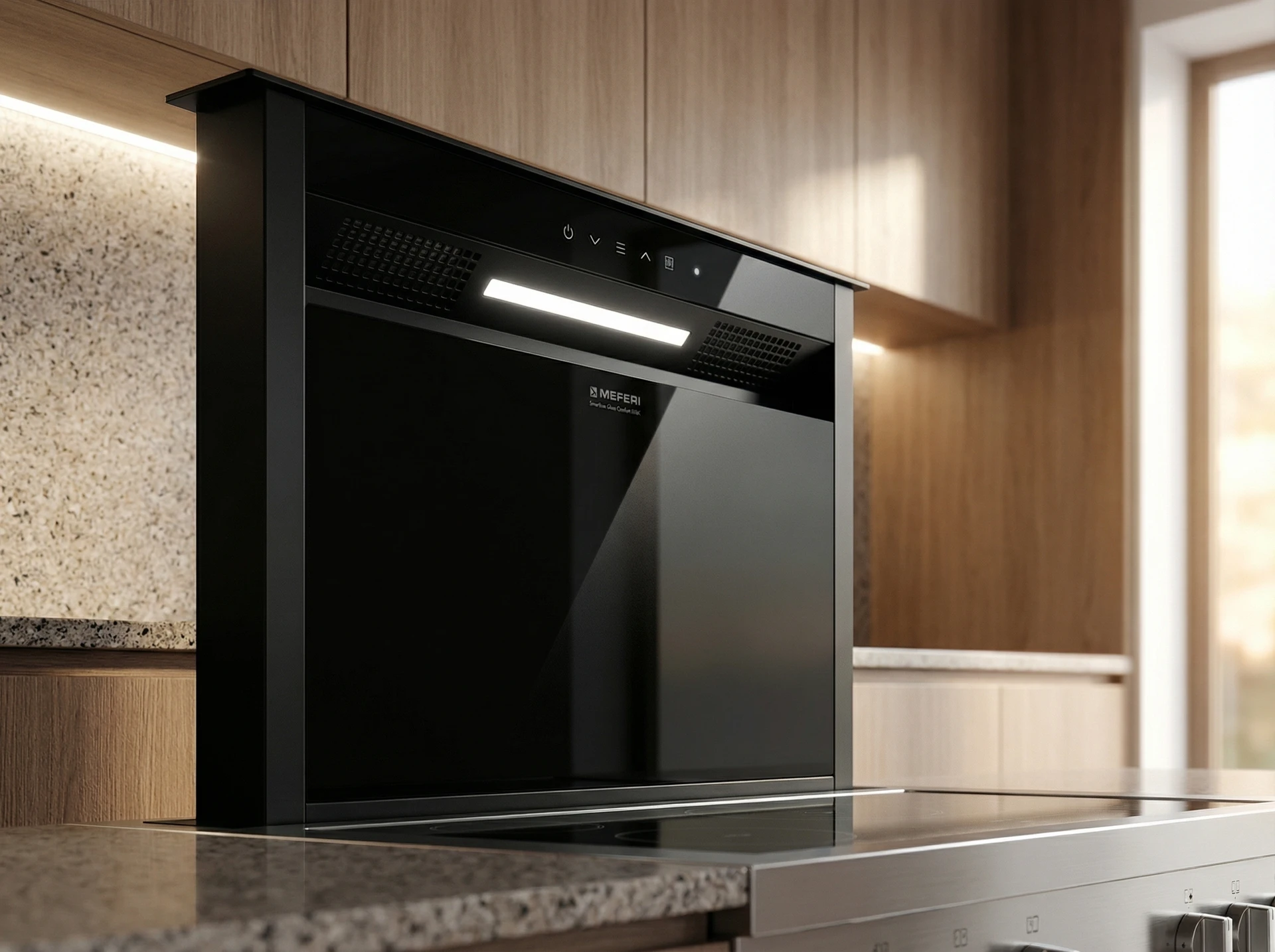 Meferi Smartbox Glass Comfort 60BK в интерьере кухни &mdash; встраиваемая вытяжка скрыта в шкафу