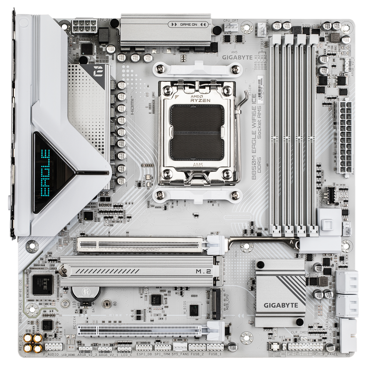 GIGABYTE B850M Eagle WiFi6E Ice разъёмы M.2 PCIe 5.0 и слоты DDR5 на плате