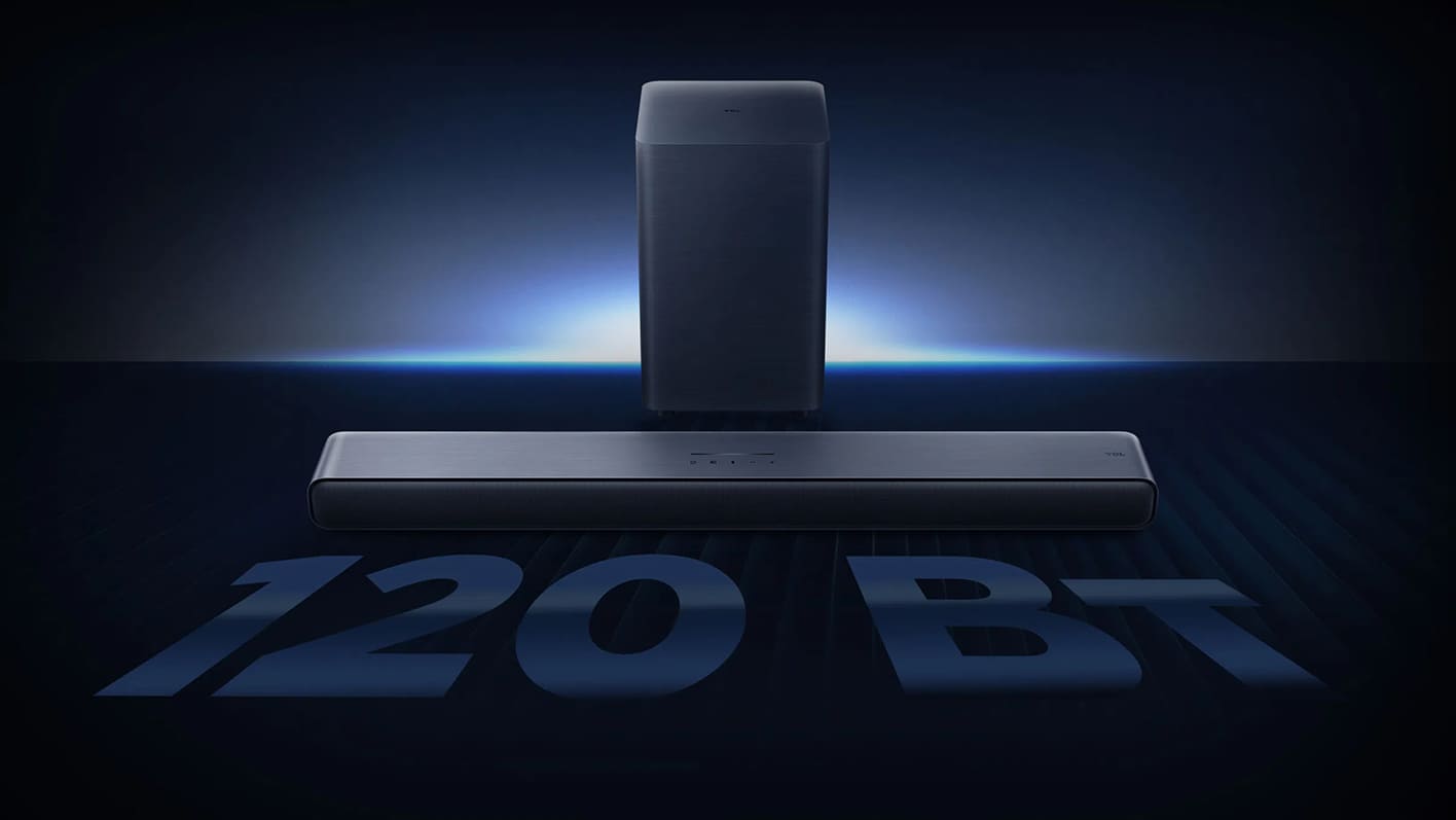 TCL S55H &mdash; звуковая панель и сабвуфер со светящимся логотипом, вид спереди