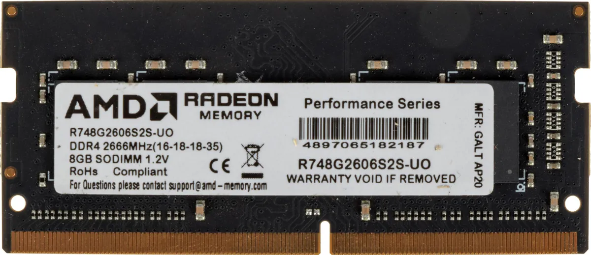 AMD Radeon R7 Performance R748G2606S2S-UO DDR4 8GB 2666 МГц SODIMM — этикетка и характеристики