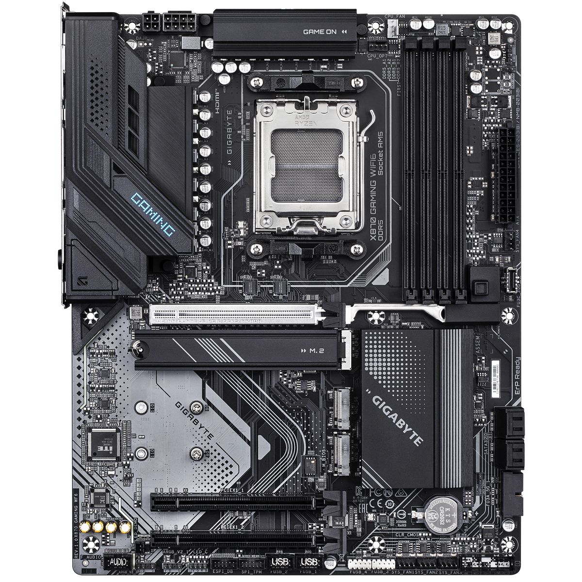 Gigabyte X870 Gaming Wifi6 разъёмы M.2 PCIe 5.0 и слоты расширения вид сверху