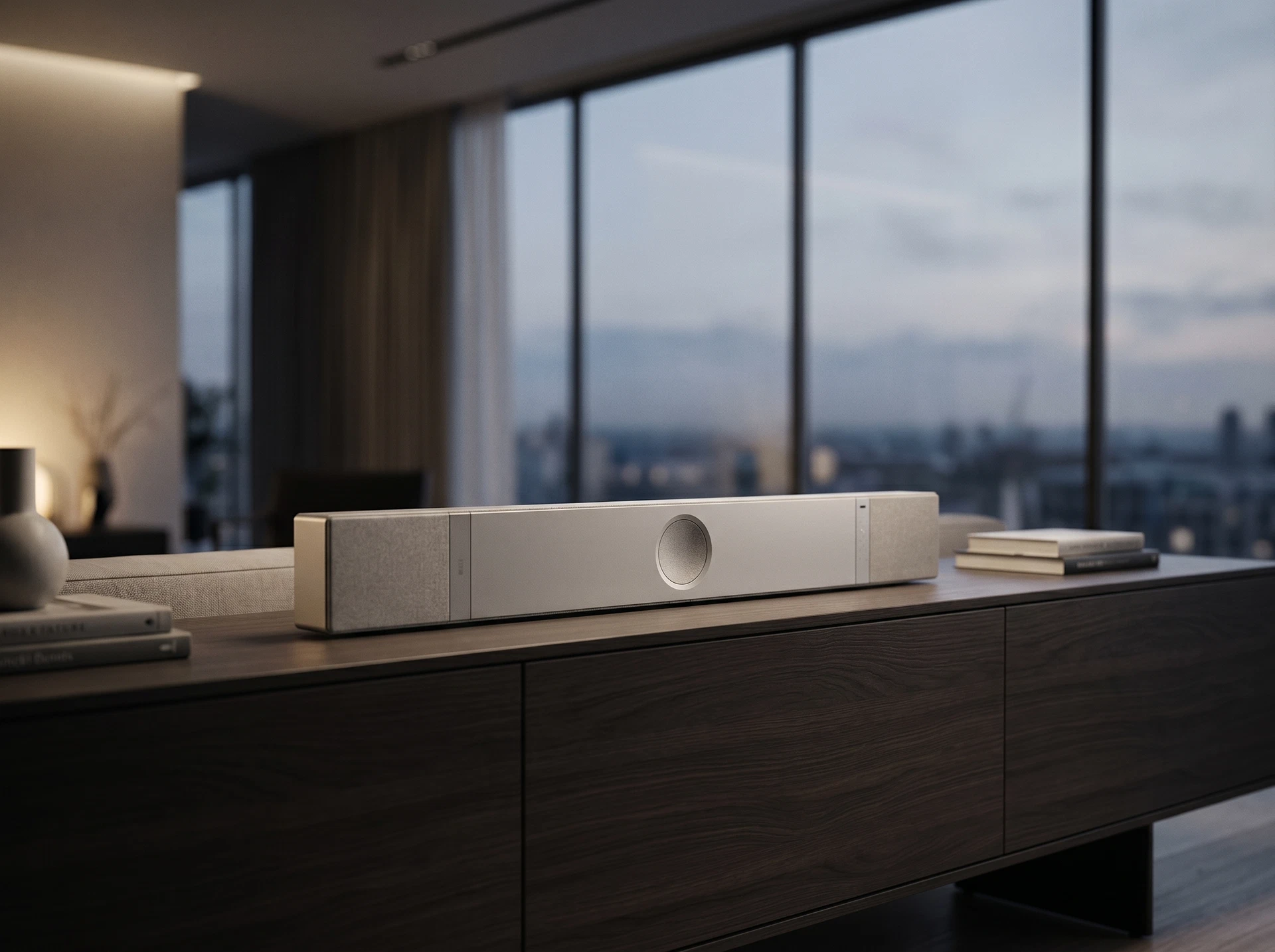 Саундбар KEF XIO Silver Grey - фото в интерьере