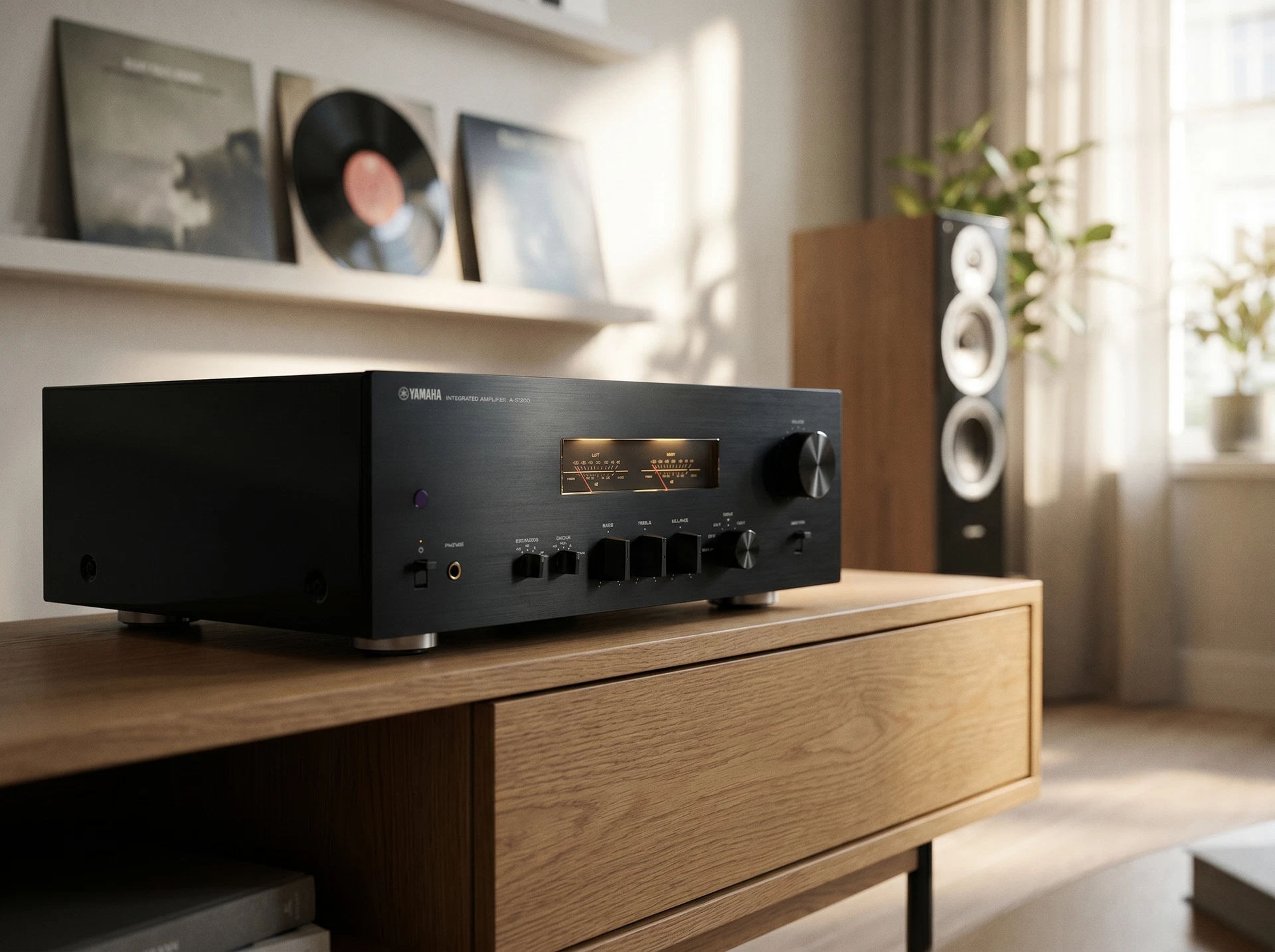 Yamaha A-S1200 Black в аудиоинтерьере — вид спереди со стрелочным индикатором
