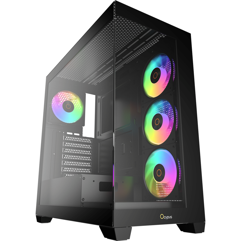 Ocypus Gamma-C72-BKD400XX-GL вид под углом 45 градусов три ARGB-вентилятора спереди закалённое стекло