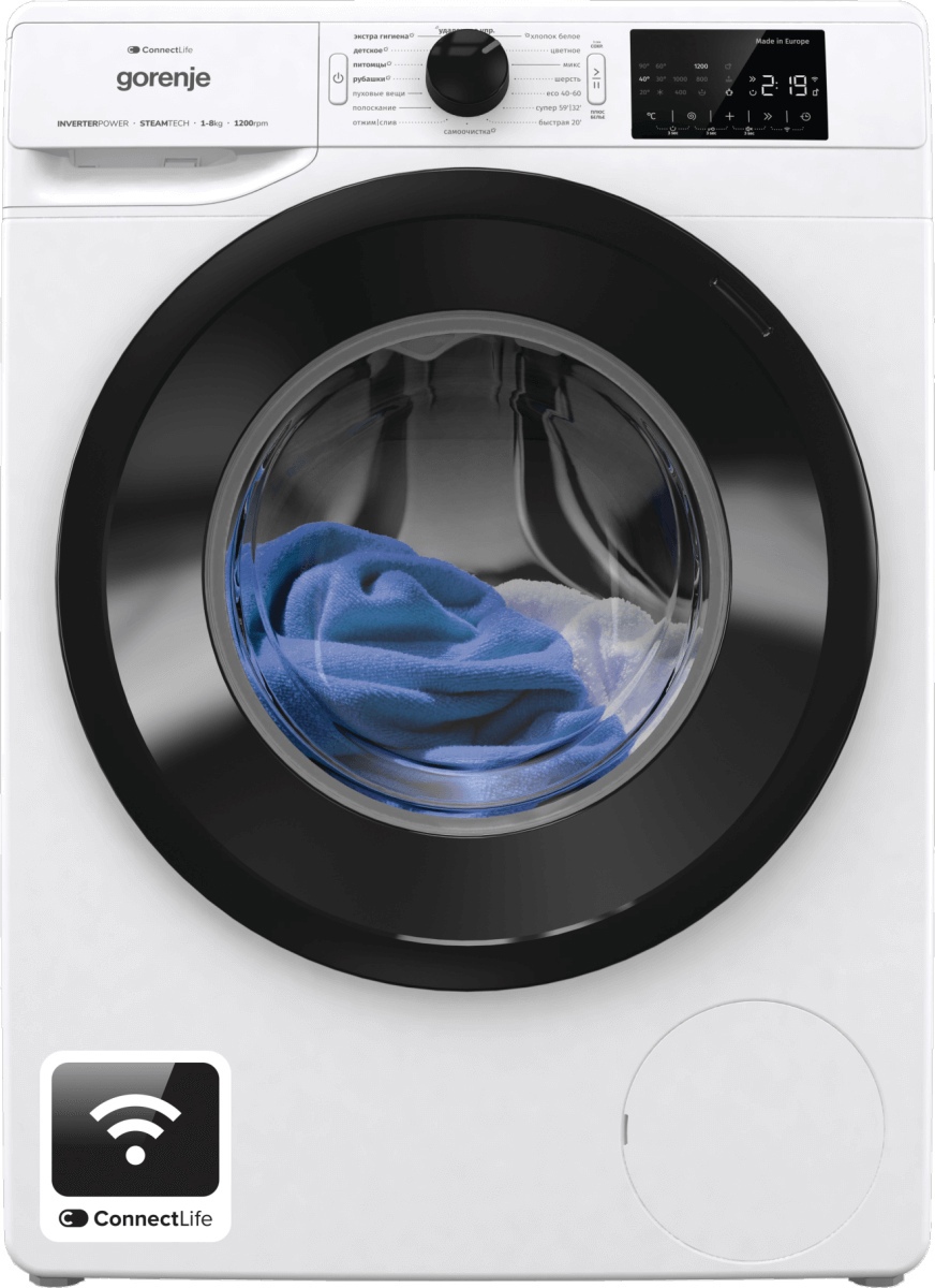 Gorenje WPNEI82SBSWIFI/C вид спереди с синим бельём в барабане и дисплеем ConnectLife