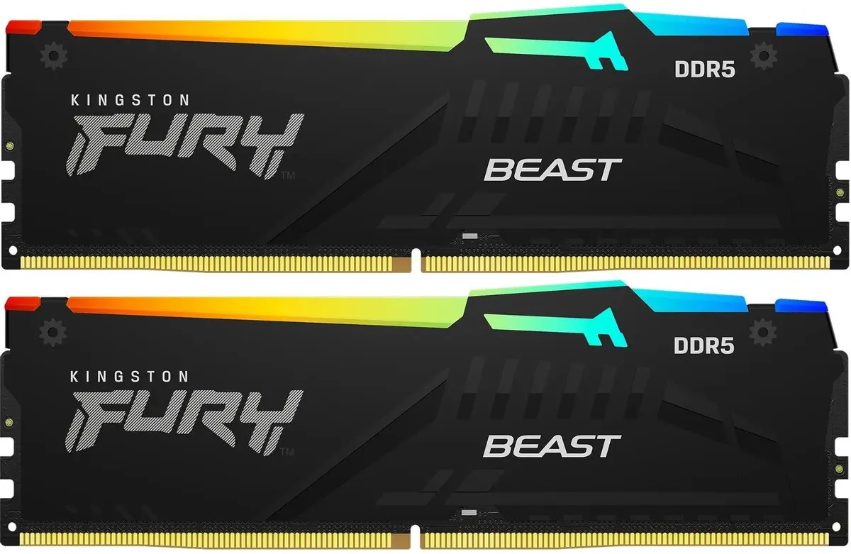 Kingston Fury Beast KF560C36BBEAK2-64 два модуля DDR5 вид спереди RGB подсветка чёрный радиатор
