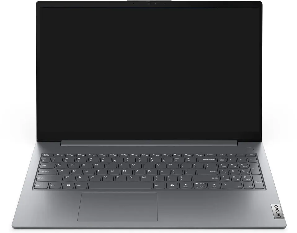 Lenovo V15 G5 IRL вид спереди — открытый экран, клавиатура, серый корпус