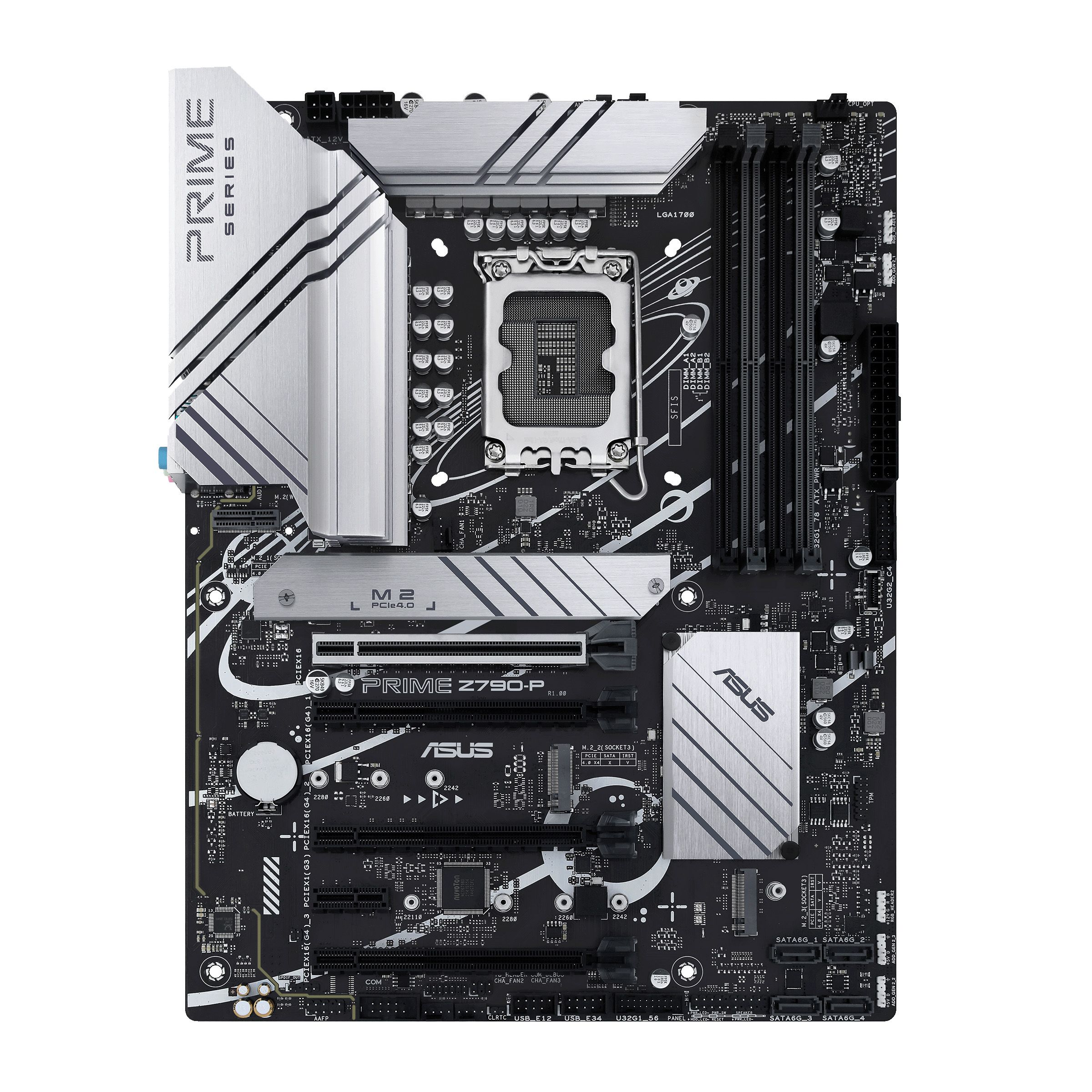 ASUS Prime Z790-P — вид сверху, сокет LGA 1700, слоты оперативной памяти DDR5, разъёмы расширения PCIe