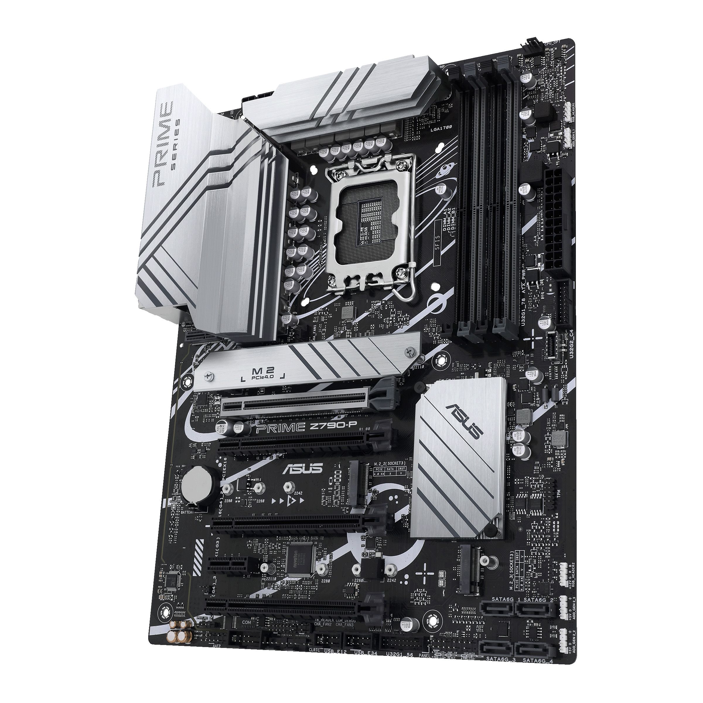 ASUS Prime Z790-P — перспективный вид материнской платы ATX, установленный процессорный кулер, видны порты и M.2 слот
