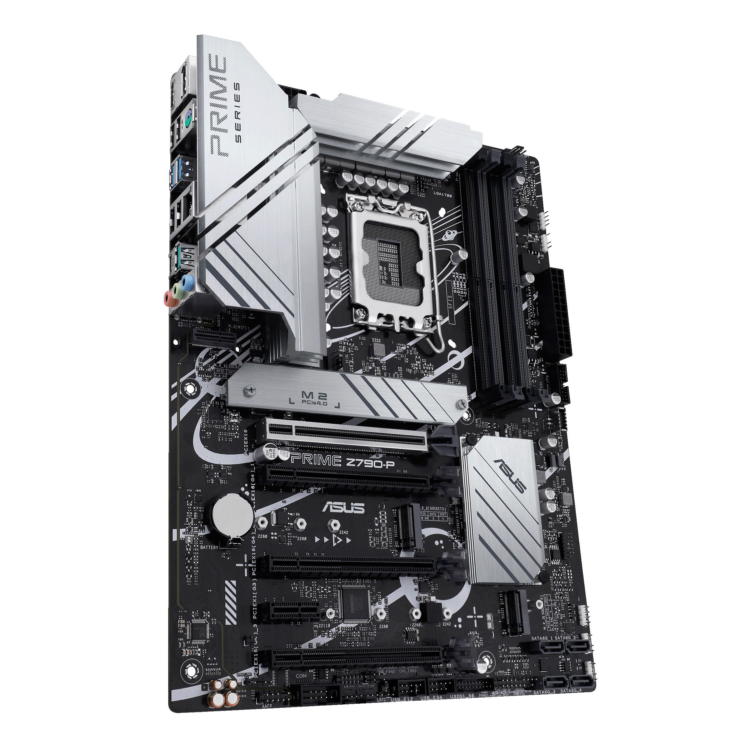 ASUS Prime Z790-P — боковой профиль, порты задней панели: USB, HDMI, DisplayPort, аудио, SATA разъёмы