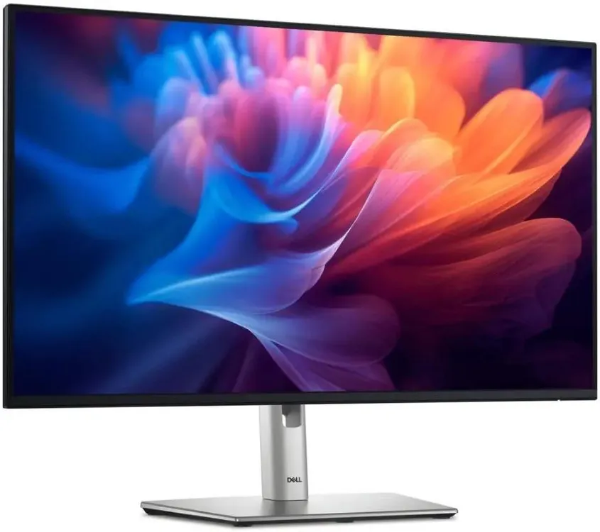 Dell P2725HE вид под углом, насыщенные синие и оранжевые тона на экране