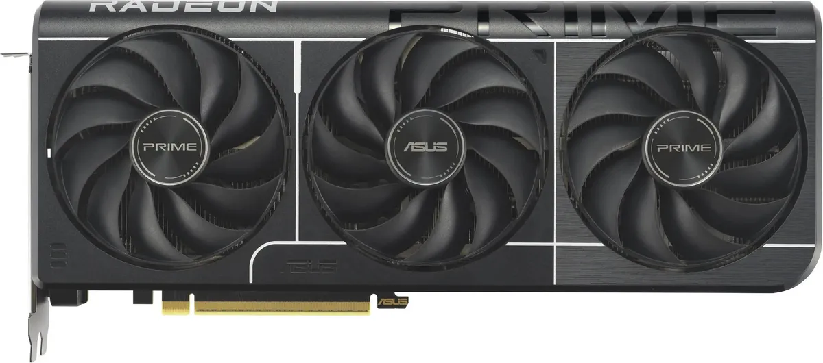 ASUS Radeon RX 9060XT — вид спереди, три вентилятора, золотистый разъём PCI-Express