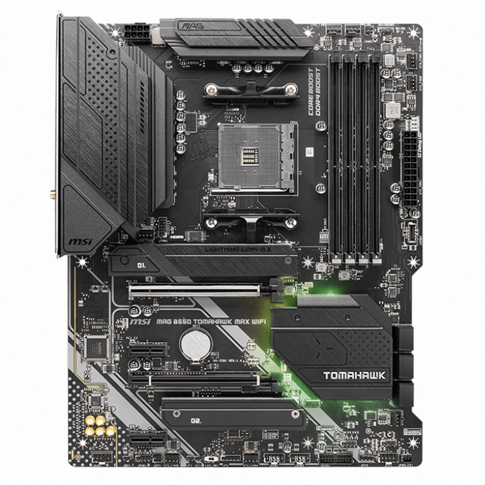 MSI MAG B550 Tomahawk Max Wifi вид сверху — слоты расширения, сокет AM4, разъёмы DDR4 и питания