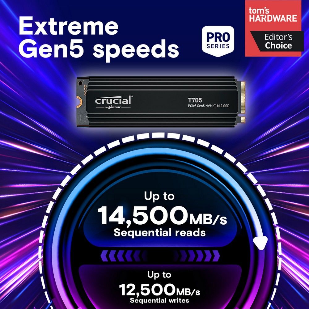 Crucial T705 2TB PCIe 5.0 NVMe скорость чтения 14500 МБ/с Gen5