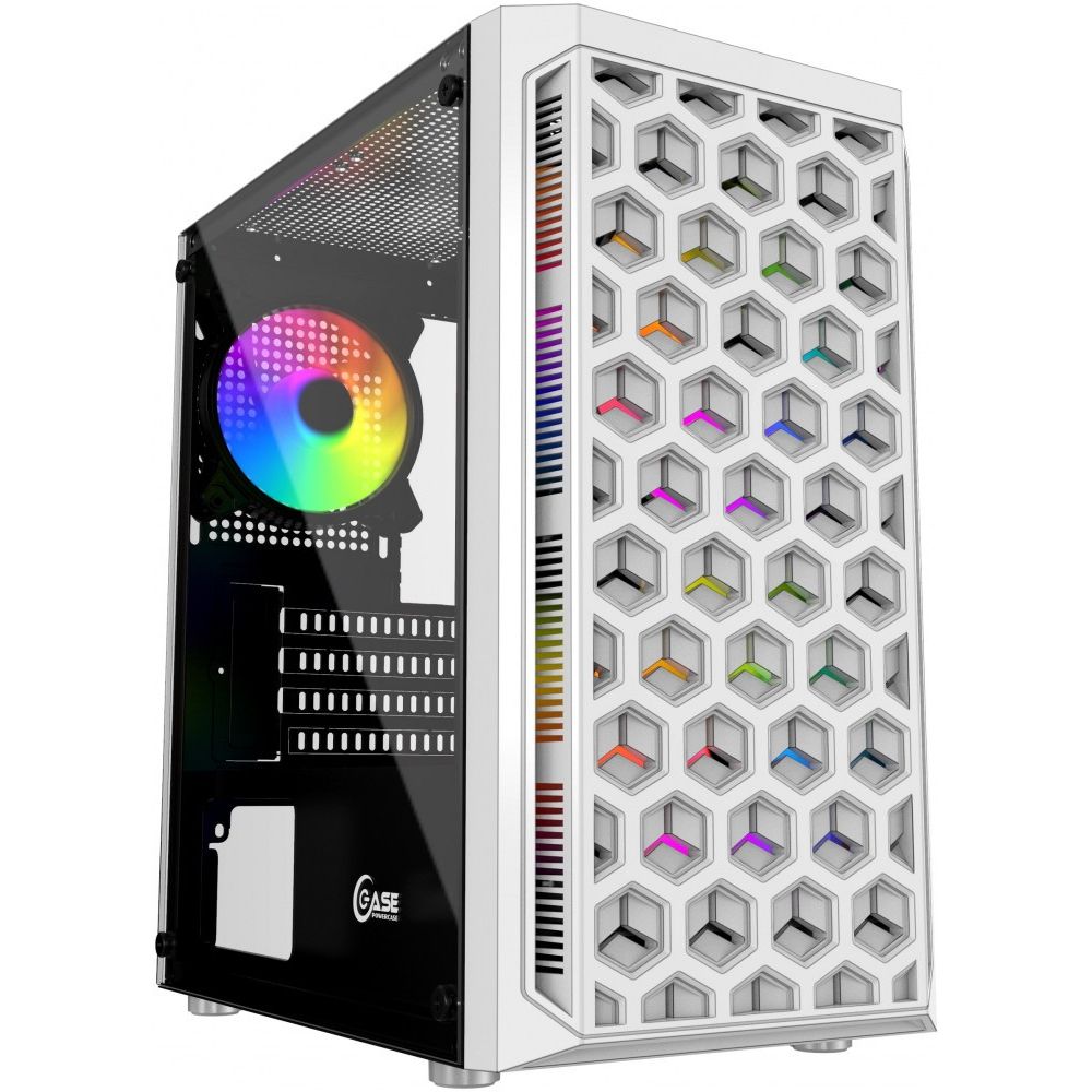 Powercase Mistral Micro Z3W белый корпус Mini-Tower вид спереди с RGB вентилятором и боковым стеклом
