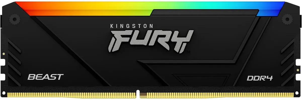 Kingston Fury Beast KF436C18BB2A/16 DDR4 вид спереди — чёрный радиатор, RGB-подсветка, золотые контакты