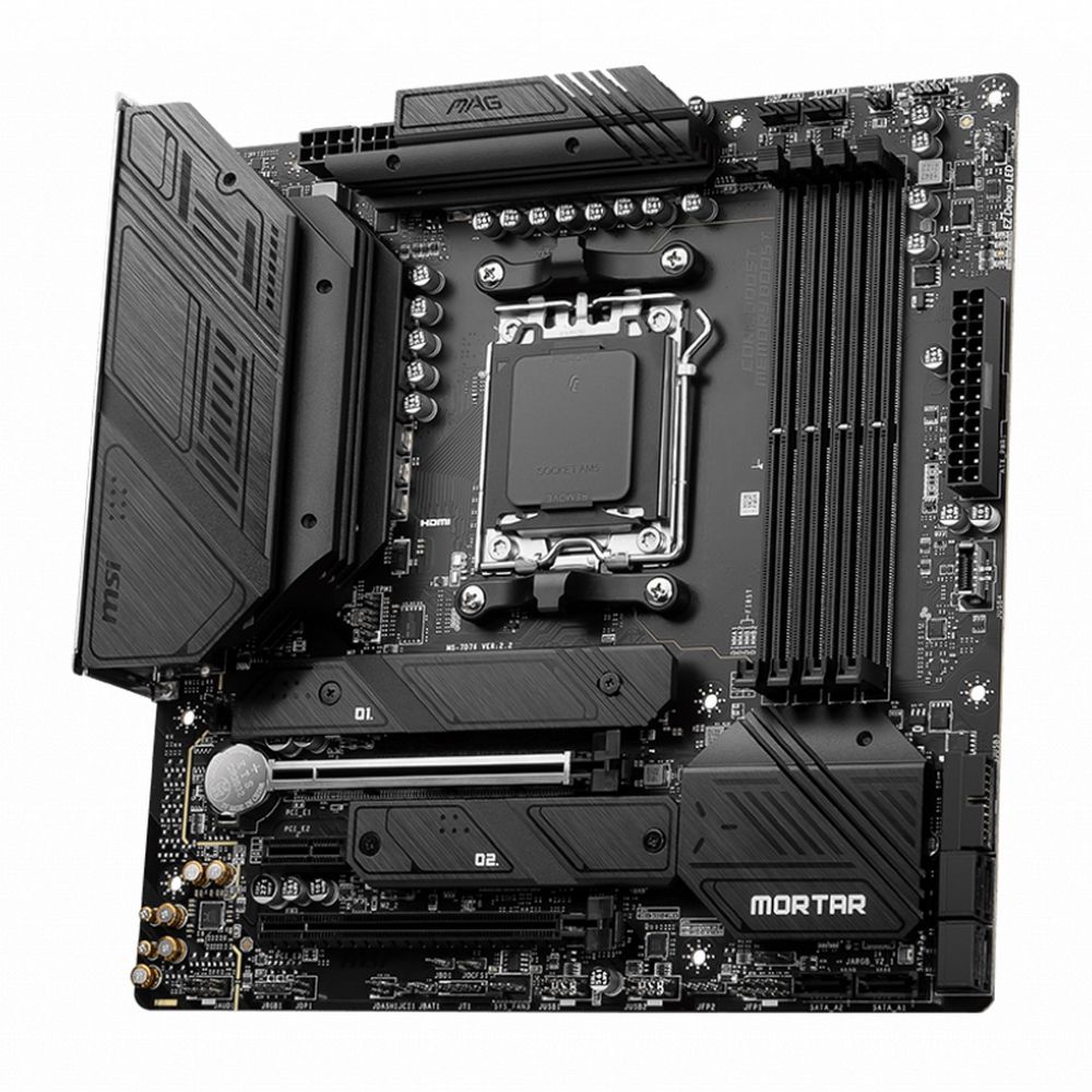 MSI MAG B650M Mortar WiFi &mdash; вид сверху, сокет AM5, слоты DDR5, компоновка платы mATX