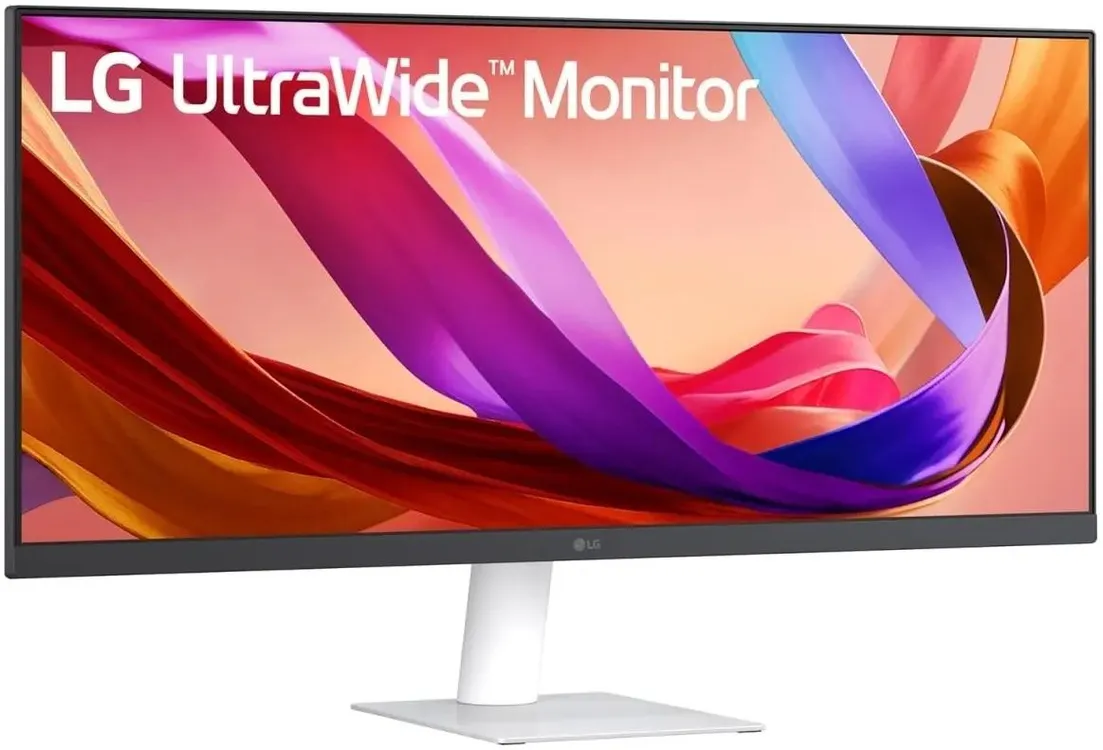 LG 29U531A-W вид спереди ультраширокий монитор 21:9 включён с яркой абстрактной графикой