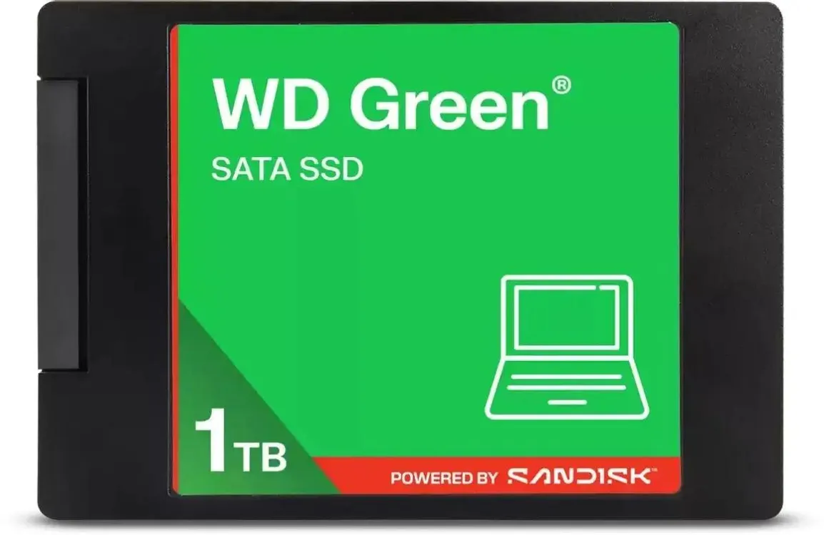 Western Digital WD Green WDS100T5G0A 1TB вид спереди — зелёная лицевая панель с логотипом