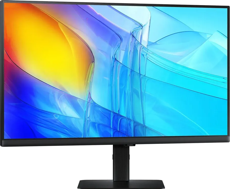 Samsung LS27D800EAIXCI вид спереди — 4K IPS монитор на подставке с яркой градиентной картинкой