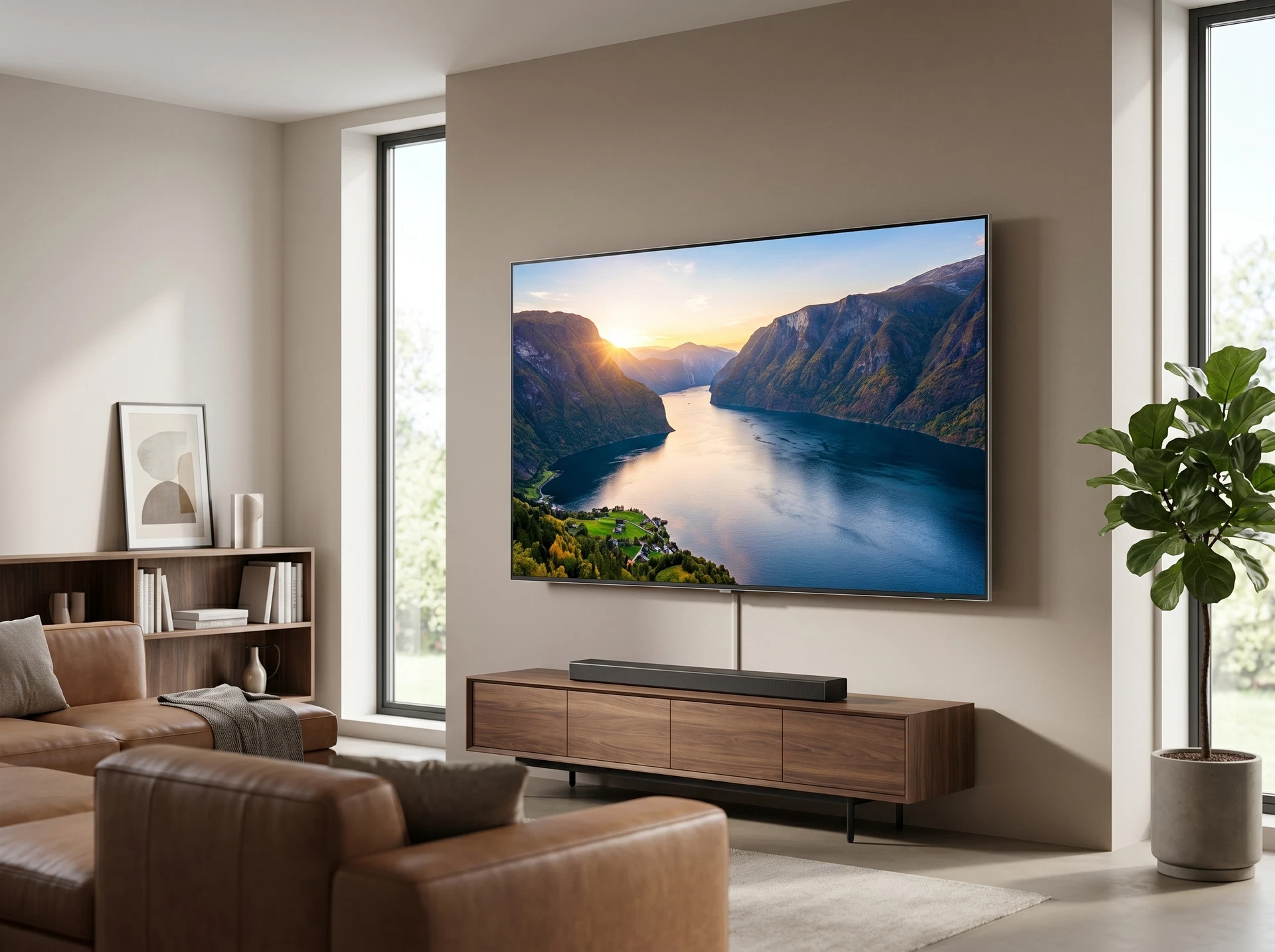 Samsung QE100QN80H 100 дюймов в интерьере просторной гостиной — масштаб экрана