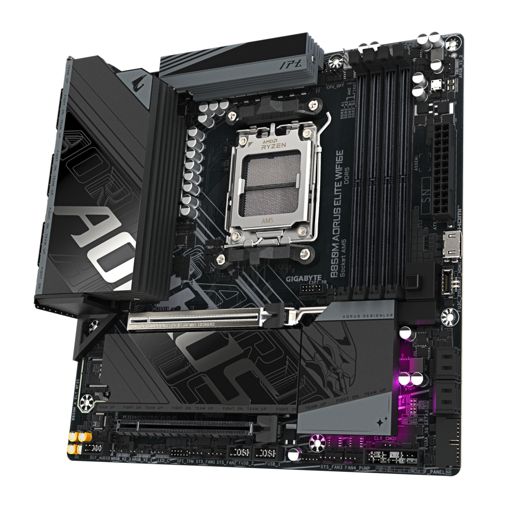 Gigabyte B850M Aorus Elite WiFi6E материнская плата — вид сверху, разъёмы AM5 и слоты DDR5