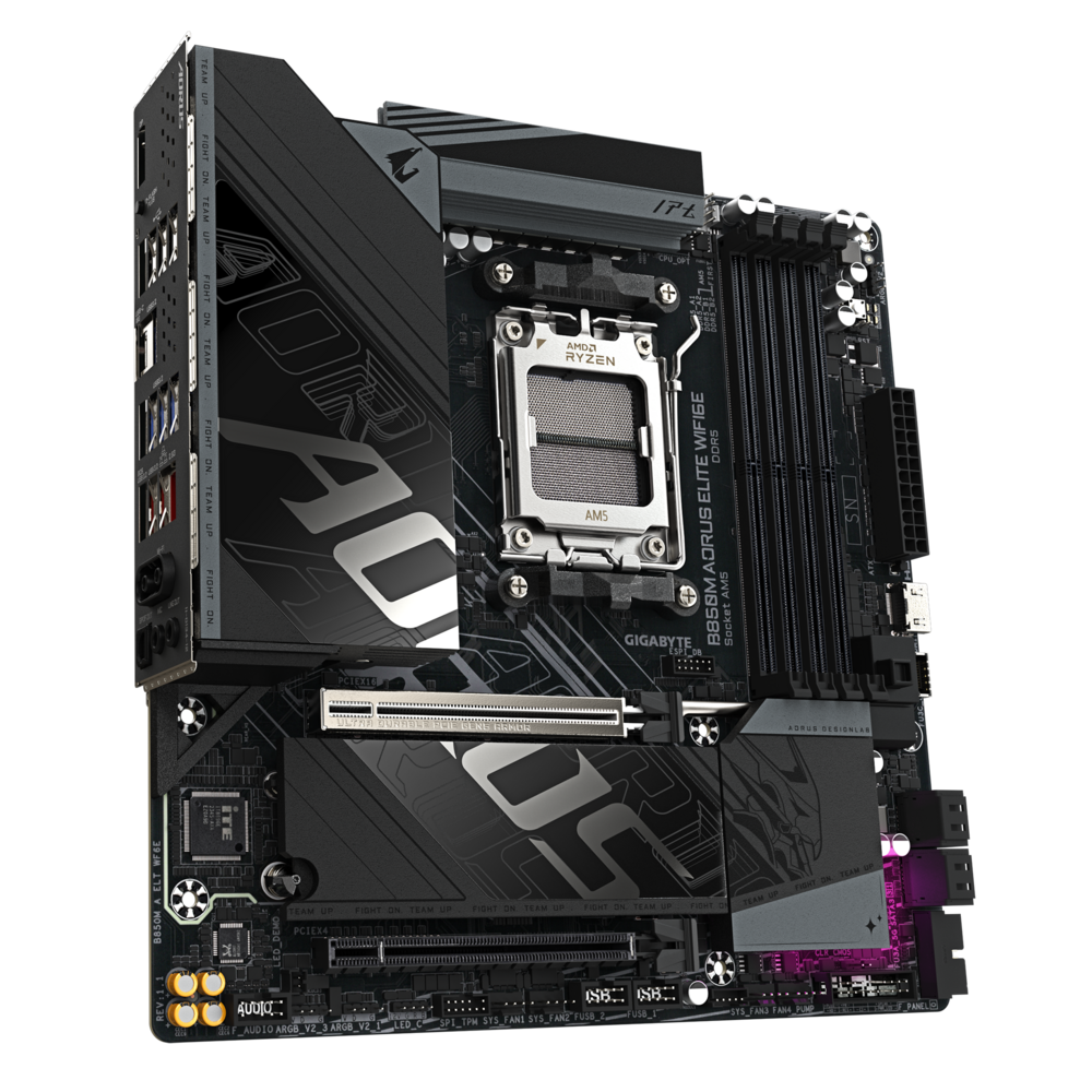 Gigabyte B850M Aorus Elite WiFi6E — задняя панель портов USB, DisplayPort, RJ-45 и Wi-Fi антенны