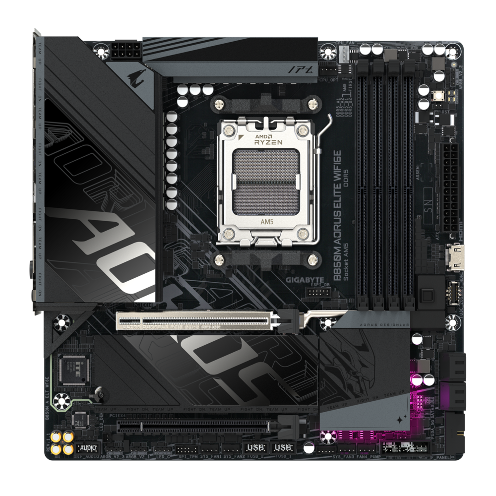 Gigabyte B850M Aorus Elite WiFi6E — слоты DDR5, разъёмы M.2 и подсветка ARGB на плате