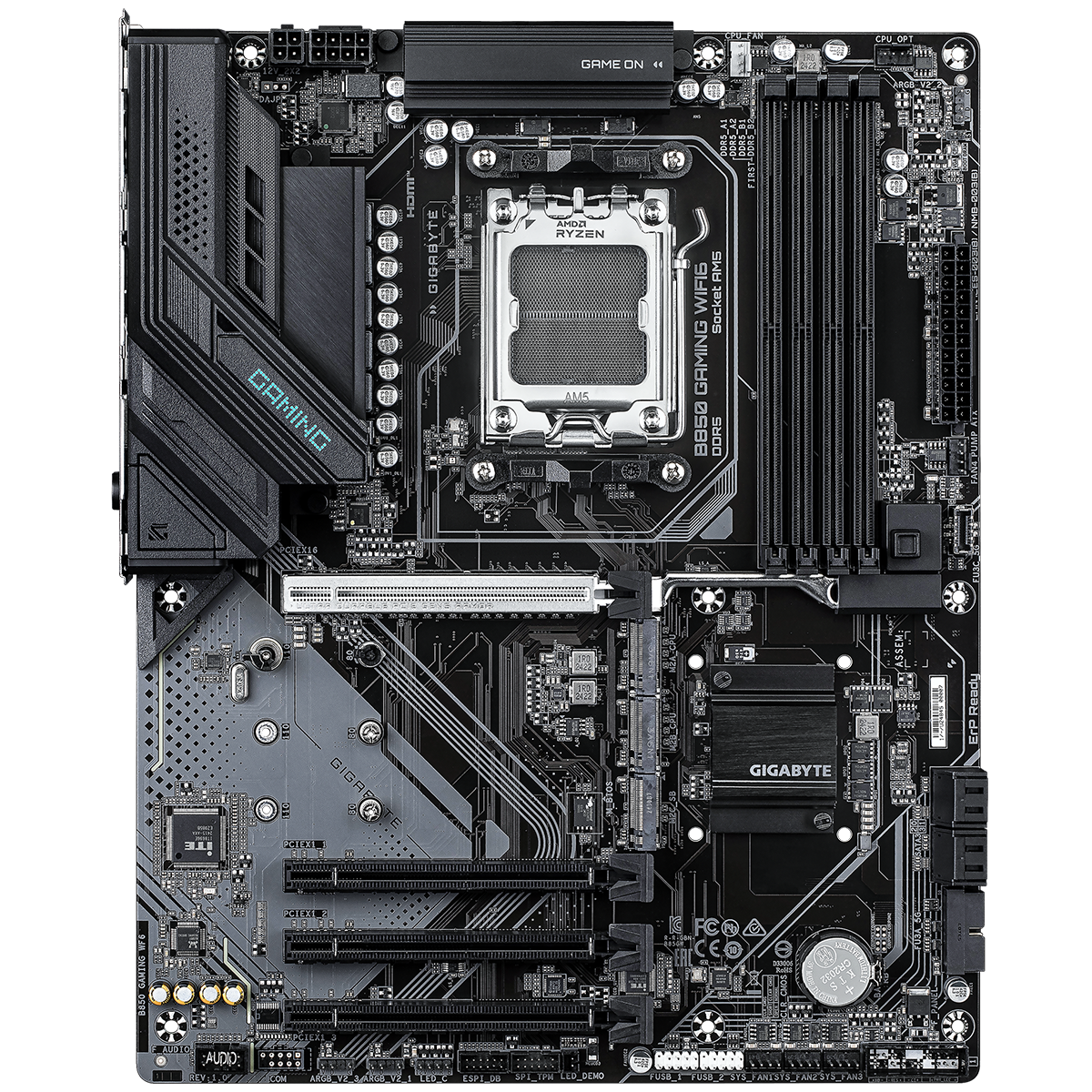 Gigabyte B850 Gaming WiFi6 вид сверху — сокет AM5, слоты DDR5, разъёмы M.2 и SATA