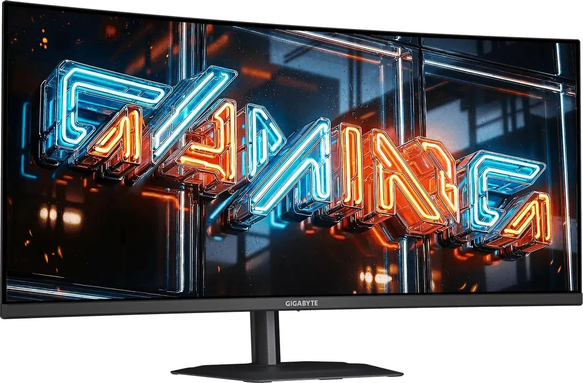 GIGABYTE MO34WQC36 вид спереди — ультраширокий QD-OLED монитор с яркой демонстрацией изображения