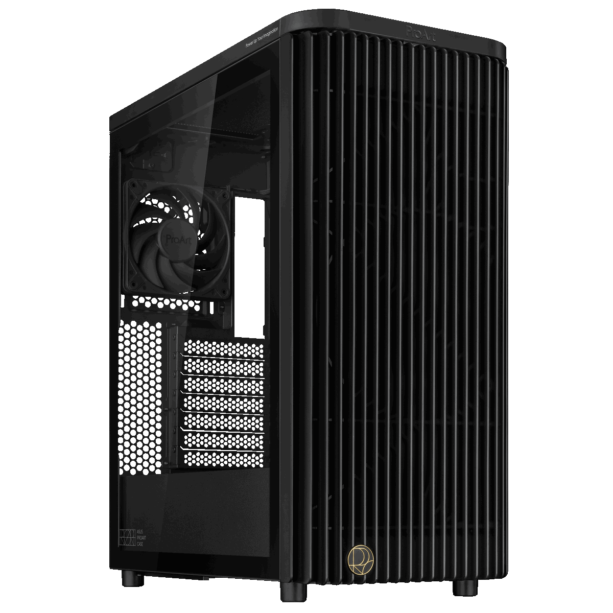 ASUS ProArt PA401 боковой вид с открытой стеклянной панелью и установленными компонентами