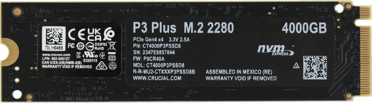 Crucial P3 Plus CT4000P3PSSD8 задняя сторона 4000GB маркировки CE FCC гарантийная информация