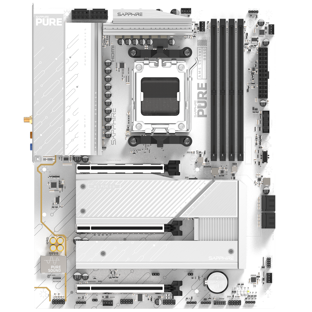 Sapphire Pure B850a WiFi 7 слоты M.2 и разъёмы на плате
