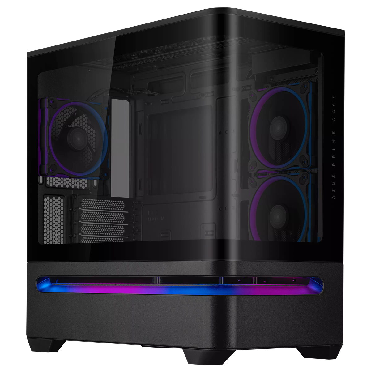 ASUS PRIME AP202 ARGB вид спереди под углом со стеклянными панелями и ARGB-вентиляторами