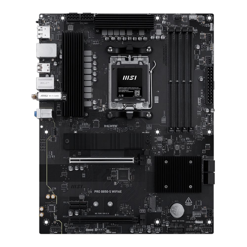 MSI Pro B850-S WiFi6E вид сверху — сокет AM5, слоты DDR5, разъёмы SATA и USB