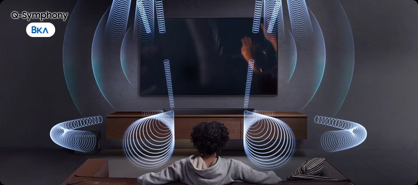 Samsung HW-Q800F/RU технология Q-Symphony — многоканальная звуковая система вокруг зрителя