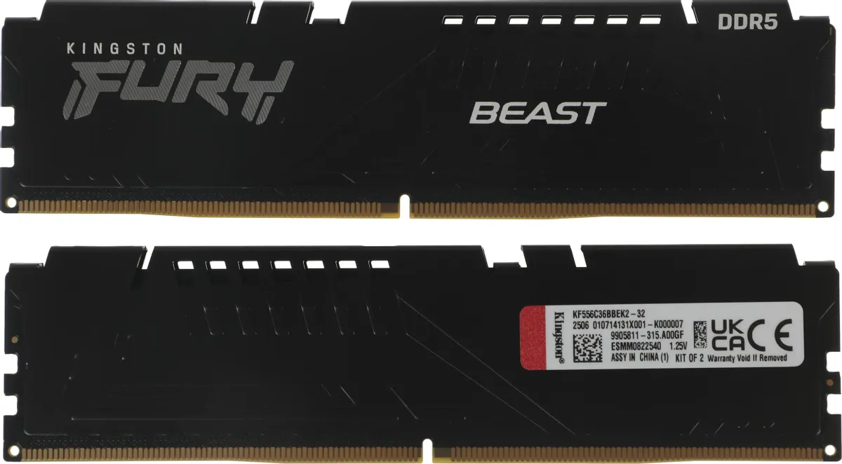 Kingston FURY Beast DDR5 KF556C36BBEK2-32 вид спереди — чёрный радиатор с логотипом FURY Beast