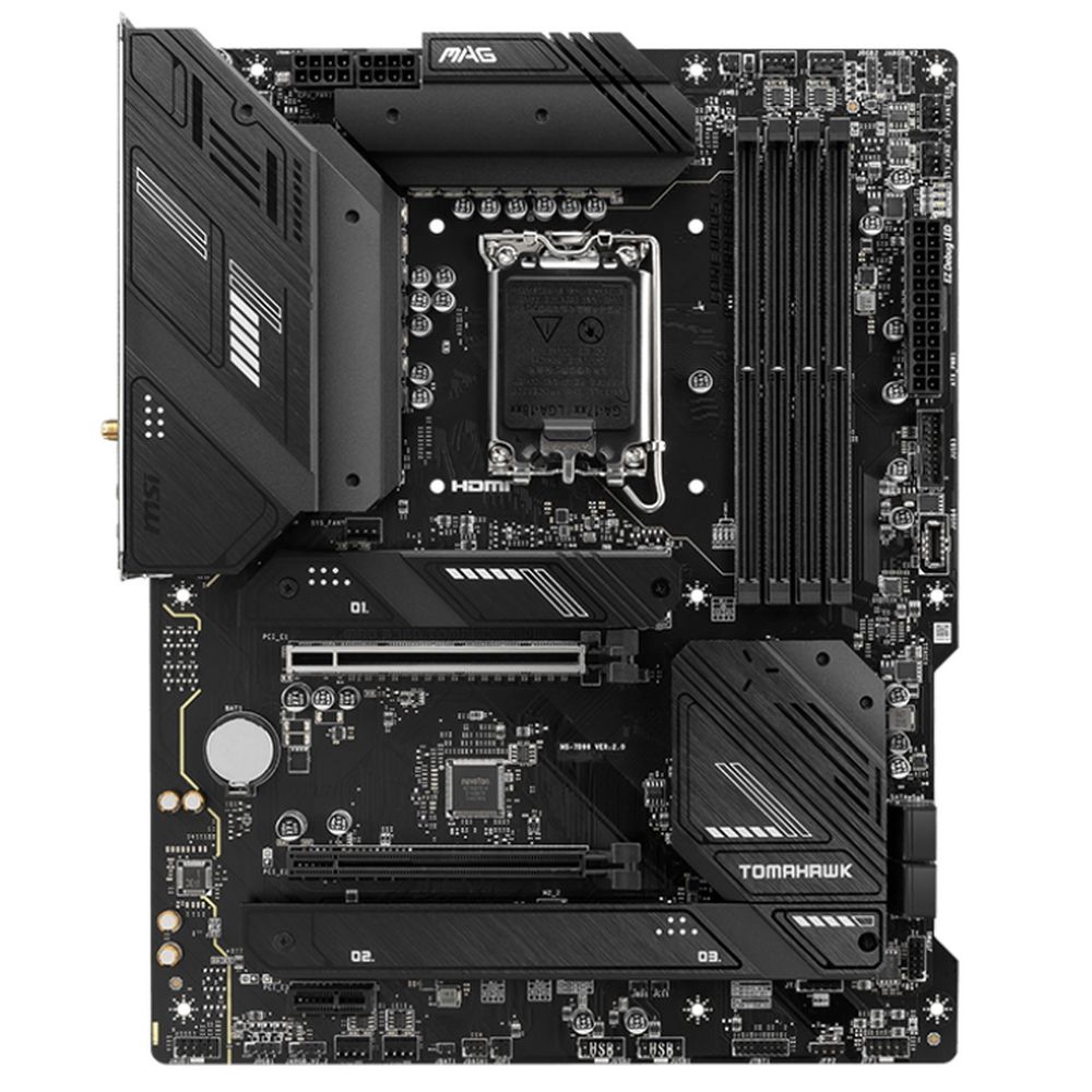 MSI MAG B760 Tomahawk WiFi — вид сверху, сокет LGA 1700, слоты DDR5 и радиаторы VRM