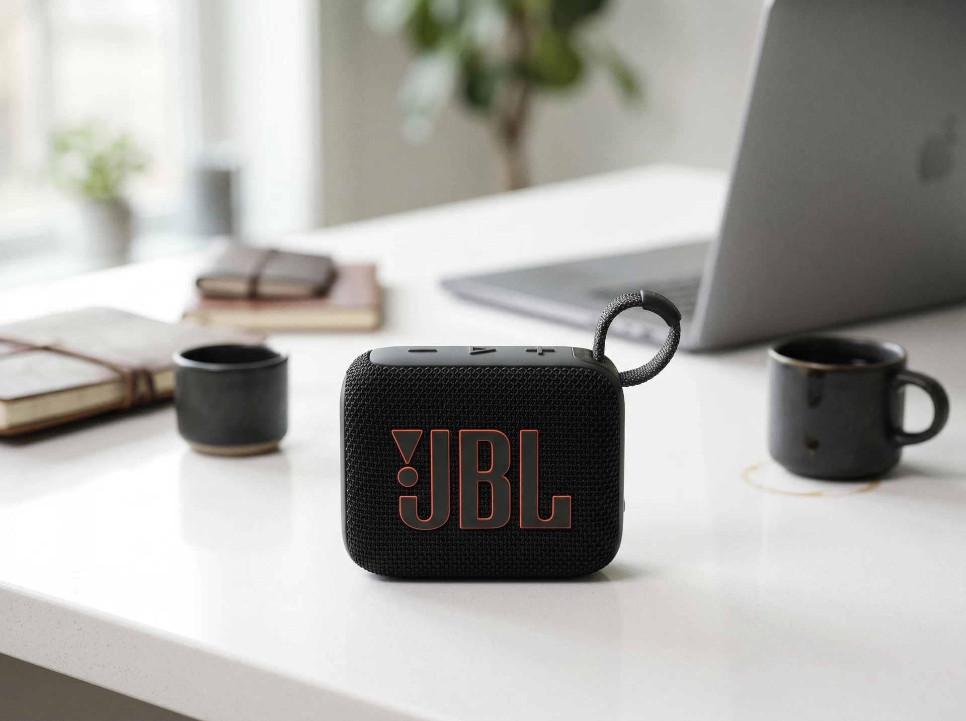 JBL Go 4 чёрная портативная колонка на столе в интерьере