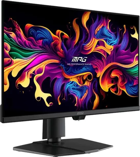 MSI MPG 271QR вид спереди — QD-OLED монитор 27 дюймов на регулируемой подставке с яркой абстрактной сценой на экране