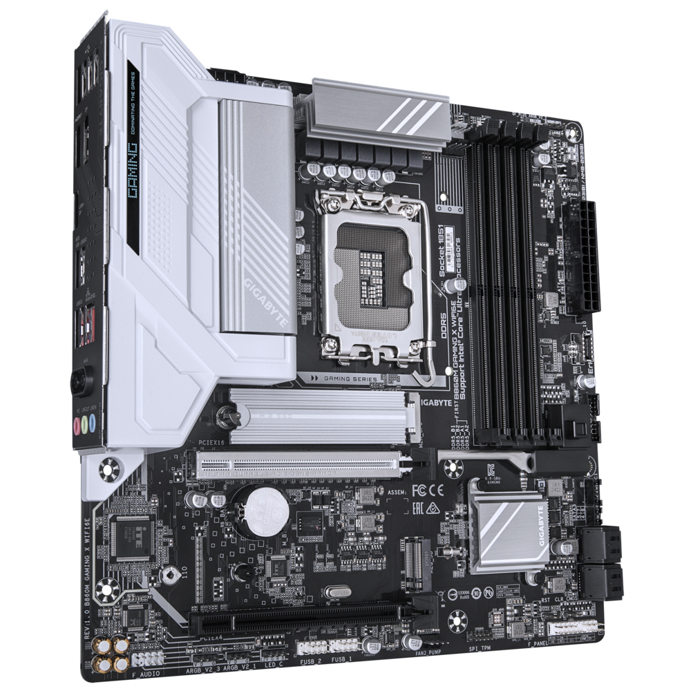 Gigabyte B860M Gaming X WiFi6E перспективный вид — радиаторы VRM, охлаждение чипсета и общая компоновка платы mATX