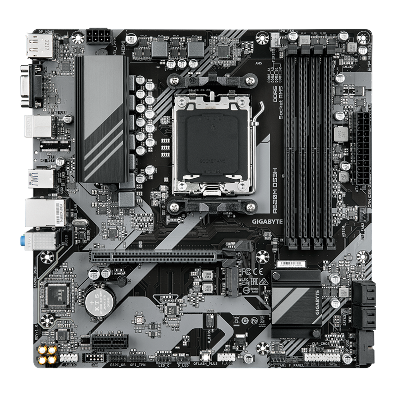 GIGABYTE A620M DS3H вид сверху — разъёмы M.2, SATA, слоты DDR5 и PCIe x16