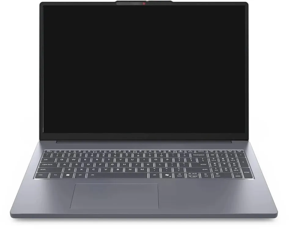 Lenovo IdeaPad Slim 3 16IRH10 вид спереди, клавиатура с русской разметкой, серебристый алюминиевый корпус