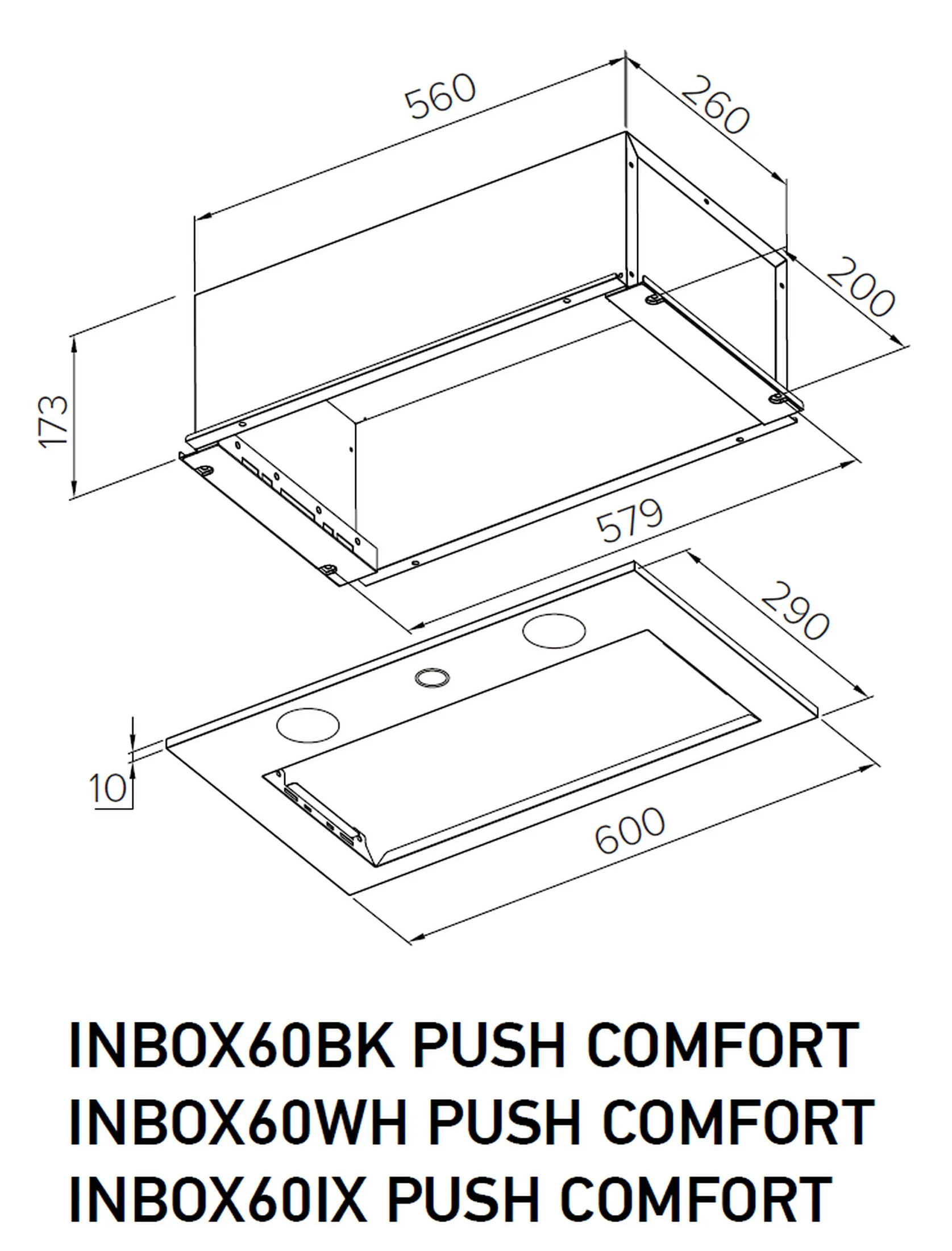Meferi Inbox Push Comfort 60BK технический чертёж габариты 560x579x173 мм монтажная схема встраиваемой вытяжки