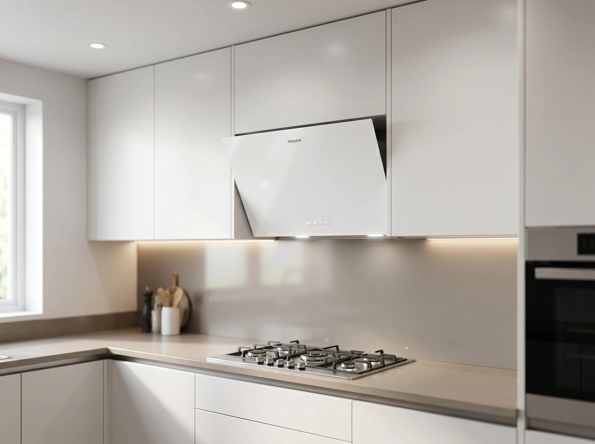 Hotpoint HPHV 62FLT WH встраиваемая вытяжка белый корпус над газовой плитой с подсветкой